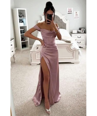 Off Shoulder Bridesmaid Dresses for Women Ruched Satin Long Formal Gown Mermaid Prom Dress with Slit EV9712 Dusty Rose $25.49...