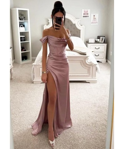 Off Shoulder Bridesmaid Dresses for Women Ruched Satin Long Formal Gown Mermaid Prom Dress with Slit EV9712 Dusty Rose $25.49...