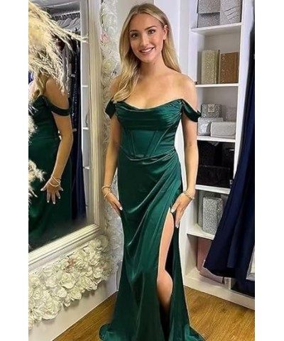 Off Shoulder Bridesmaid Dresses for Women Ruched Satin Long Formal Gown Mermaid Prom Dress with Slit EV9712 Dusty Rose $25.49...