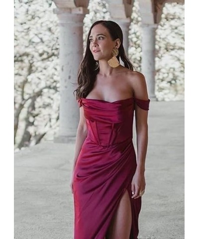 Off Shoulder Bridesmaid Dresses for Women Ruched Satin Long Formal Gown Mermaid Prom Dress with Slit EV9712 Dusty Rose $25.49...