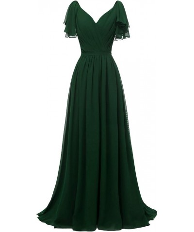 Ruffle Sleeves Bridesmaid Dresses V-Neck Chiffon Long Formal Wedding Evening Party Gowns for Women Emerald Green $42.50 Dresses