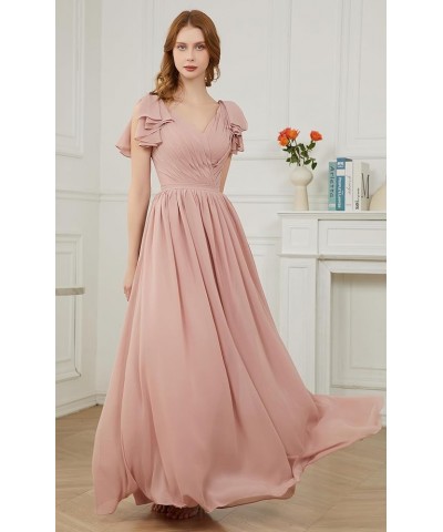 Ruffle Sleeves Bridesmaid Dresses V-Neck Chiffon Long Formal Wedding Evening Party Gowns for Women Emerald Green $42.50 Dresses