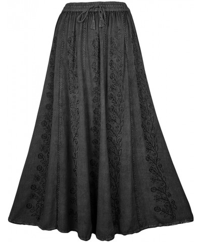 Women's Peasant High Waistband A Line Flared Floral Embroidered Panel Long Flowy Maxi Skirt Plus Size S - 3X Black $28.68 Skirts