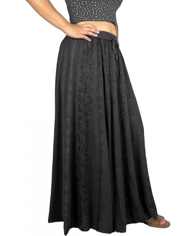 Women's Peasant High Waistband A Line Flared Floral Embroidered Panel Long Flowy Maxi Skirt Plus Size S - 3X Black $28.68 Skirts