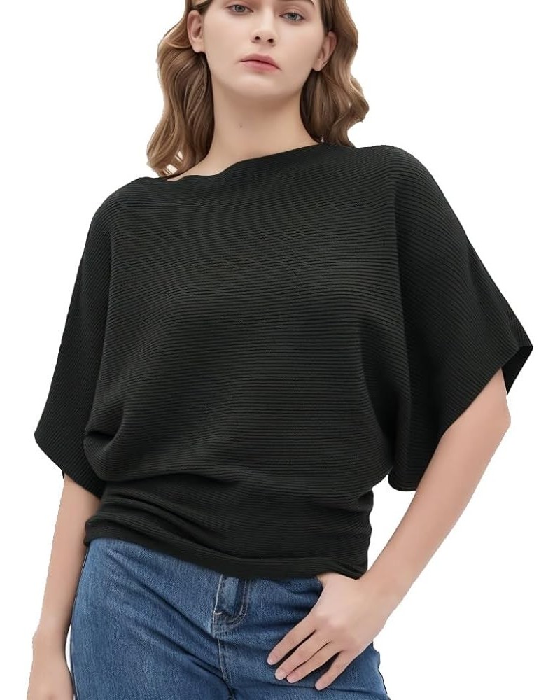 Boat Neck Short Batwing Sleeve Pullover Knit Sweaters Off Shoulder Cute Tops for Women Black $16.32 Sweaters