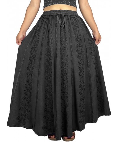 Women's Peasant High Waistband A Line Flared Floral Embroidered Panel Long Flowy Maxi Skirt Plus Size S - 3X Black $28.68 Skirts