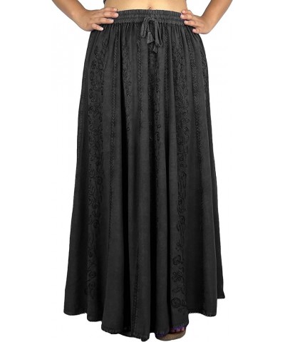 Women's Peasant High Waistband A Line Flared Floral Embroidered Panel Long Flowy Maxi Skirt Plus Size S - 3X Black $28.68 Skirts