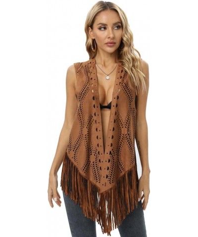 Women's Hippie Sleeveless Fringe Vest Faux Suede Tassels Open-Front Cardigan Brown3 $18.86 Swimsuits