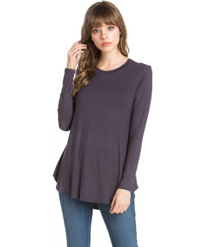 Plus Size Women's Long Sleeve Top Round Scoop Neck Casual Flowy Tunic Top Dark Grey $10.59 Tops