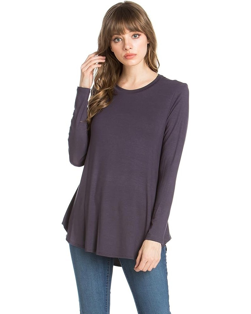 Plus Size Women's Long Sleeve Top Round Scoop Neck Casual Flowy Tunic Top Dark Grey $10.59 Tops