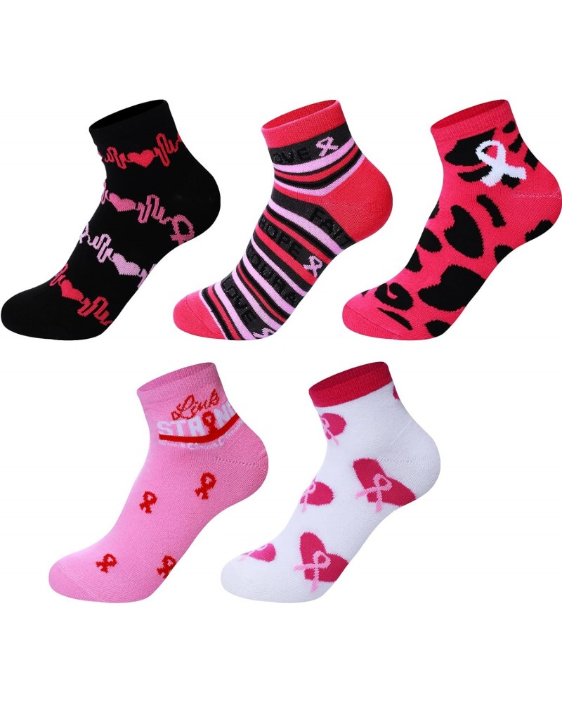 5 Pairs Breast Cancer Awareness Socks Pink Ribbon Ankle Socks Inspirational Novelty Short Crew Socks Soft Printed Athletic So...