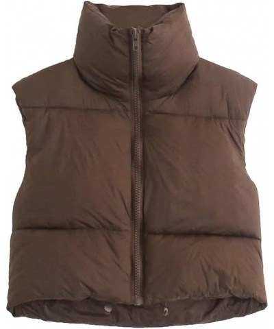 Women's Lightweight Winter Crop Puffer Vest Warm Sleeveless Zip Up Stand Collar Padded Gilet Brown $23.39 Vests