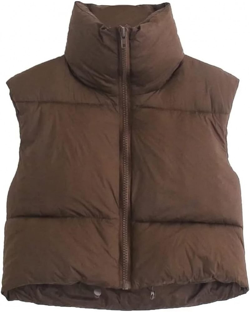 Women's Lightweight Winter Crop Puffer Vest Warm Sleeveless Zip Up Stand Collar Padded Gilet Brown $23.39 Vests