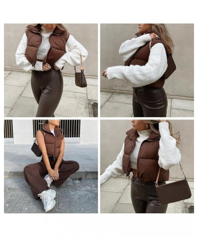 Women's Lightweight Winter Crop Puffer Vest Warm Sleeveless Zip Up Stand Collar Padded Gilet Brown $23.39 Vests