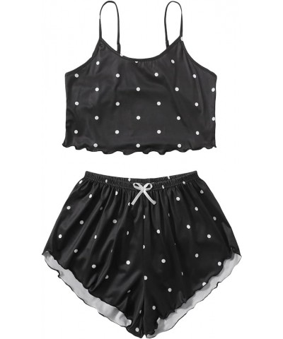 Women's Cartoon Print Lettuce Trim Cami Top and Shorts Cute Pajama Set Sleepwear Black Polka Dots $9.86 Sleep & Lounge