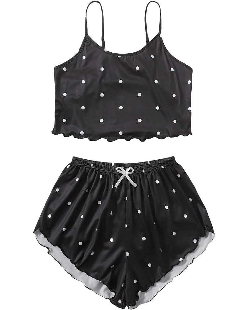 Women's Cartoon Print Lettuce Trim Cami Top and Shorts Cute Pajama Set Sleepwear Black Polka Dots $9.86 Sleep & Lounge