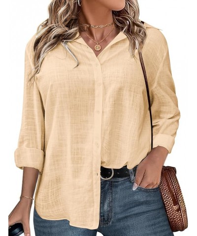 Womens Plus Size Button Down Shirt Linen Collared Shirt Long Sleeve Cotton Button Front Shirt Work Blouse Tops Khaki $12.69 B...