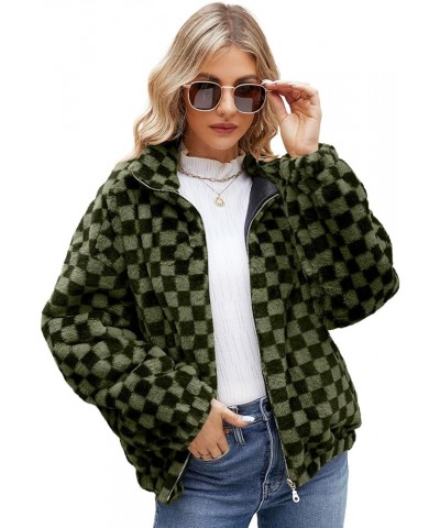 Women Plush Jacket Fall Winter Fleece Jackets Lightweight Leopard Print Check Fuzzy Coats Warm Oversized Jackets Green $17.68...