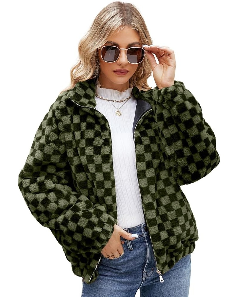 Women Plush Jacket Fall Winter Fleece Jackets Lightweight Leopard Print Check Fuzzy Coats Warm Oversized Jackets Green $17.68...