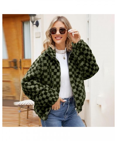 Women Plush Jacket Fall Winter Fleece Jackets Lightweight Leopard Print Check Fuzzy Coats Warm Oversized Jackets Green $17.68...