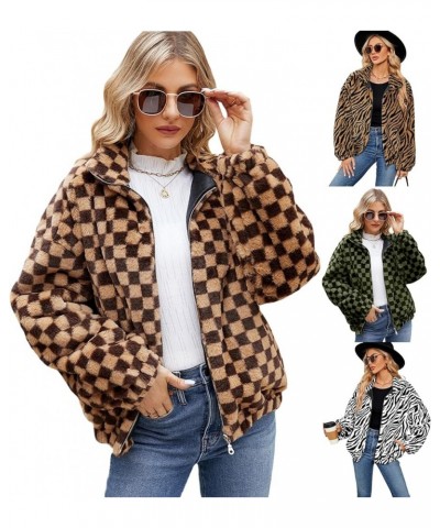 Women Plush Jacket Fall Winter Fleece Jackets Lightweight Leopard Print Check Fuzzy Coats Warm Oversized Jackets Green $17.68...