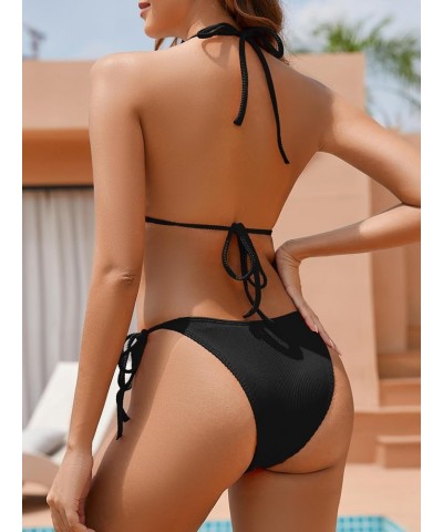 Women's Two Piece Bikini Swimsuit Sexy Ribbed Triangle Top Bathing Suit String Cheeky Bikini Sets Black $13.50 Swimsuits