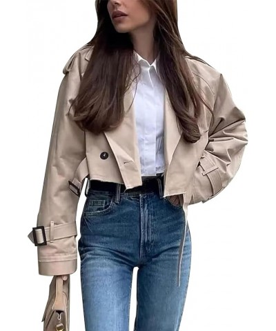 Women's Cropped Trench Coat Casual Lapel Double Breasted Short Jacket Outerwear with Belt Khaki $17.20 Coats