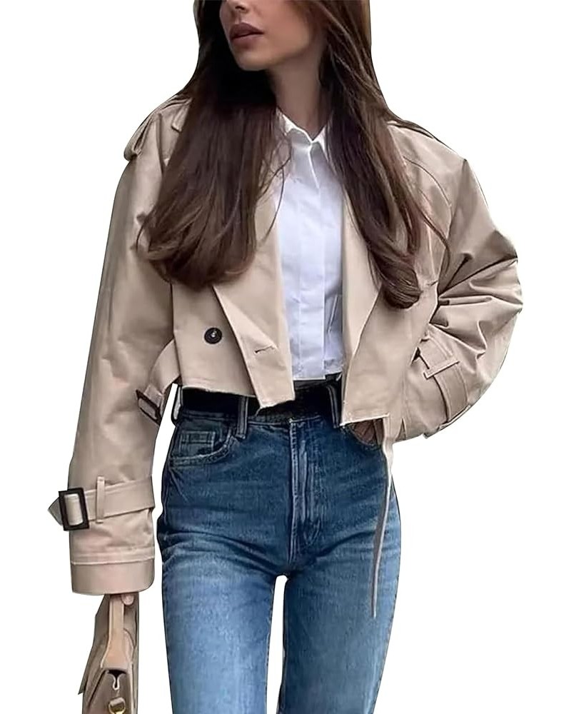 Women's Cropped Trench Coat Casual Lapel Double Breasted Short Jacket Outerwear with Belt Khaki $17.20 Coats