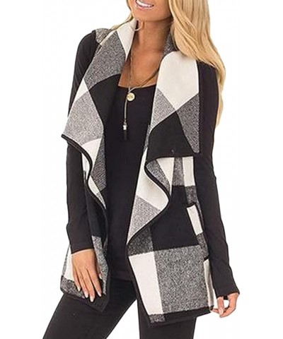 Women's Sleeveless Knitted Cardigan Brushed Lightweight Open Front Draped Long Vest Fashion Lapel Plaid Cardigan Coat (Red,Sm...