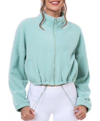 Women's 2023 Crop Fleece Jacket Full Zip Up Warm Sherpa Coat Fall Winter Zip Pockets Subtle Green $12.25 Jackets