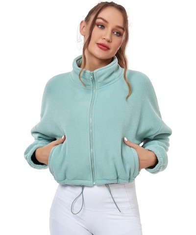 Women's 2023 Crop Fleece Jacket Full Zip Up Warm Sherpa Coat Fall Winter Zip Pockets Subtle Green $12.25 Jackets