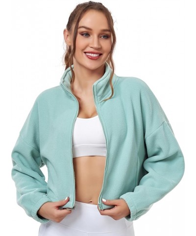 Women's 2023 Crop Fleece Jacket Full Zip Up Warm Sherpa Coat Fall Winter Zip Pockets Subtle Green $12.25 Jackets