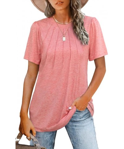 Womens Tops Summer Short Puff Sleeve Pleated Shirts Casual Loose Tshirts Trendy 2024 Coral Pink $11.19 T-Shirts