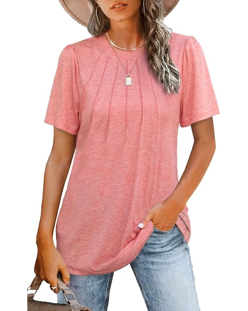 Womens Tops Summer Short Puff Sleeve Pleated Shirts Casual Loose Tshirts Trendy 2024 Coral Pink $11.19 T-Shirts