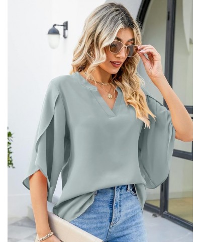 Women's Casual Chiffon Blouse Tops 3/4 Ruffled Sleeve V Neck Loose Fit Blouses Shirts Grey $13.64 Blouses