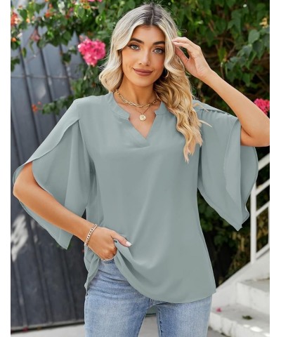 Women's Casual Chiffon Blouse Tops 3/4 Ruffled Sleeve V Neck Loose Fit Blouses Shirts Grey $13.64 Blouses