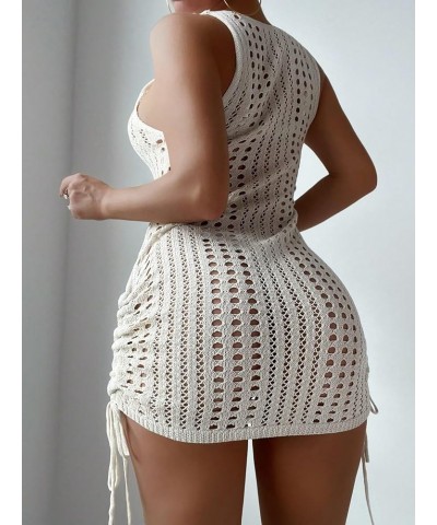 Women's Crochet Beach Cover Up Dress Sleeveless Drawstring Backless Swimsuit Beige $16.32 Swimsuits