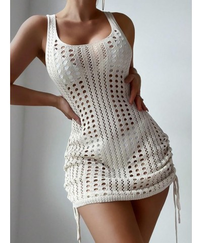 Women's Crochet Beach Cover Up Dress Sleeveless Drawstring Backless Swimsuit Beige $16.32 Swimsuits