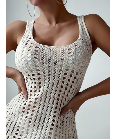 Women's Crochet Beach Cover Up Dress Sleeveless Drawstring Backless Swimsuit Beige $16.32 Swimsuits