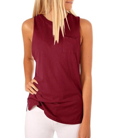 Women's High Neck Tank Sleeveless Blouse Plain T Shirts Pocket Cami Summer Tops Winered $5.29 Tanks