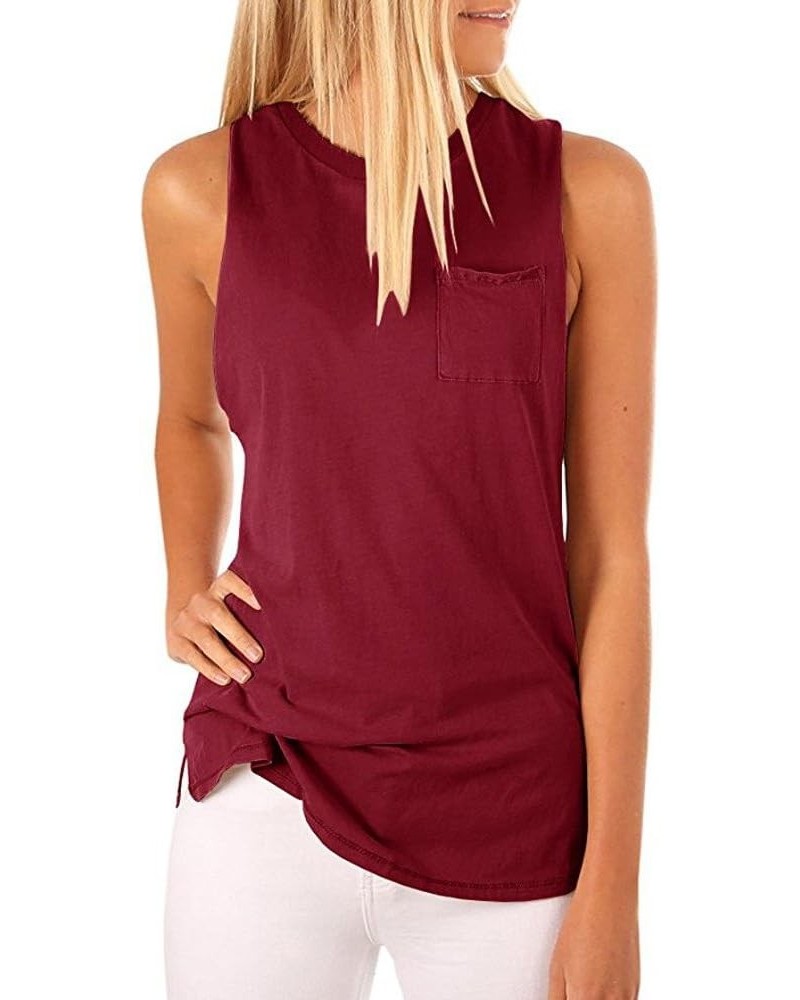 Women's High Neck Tank Sleeveless Blouse Plain T Shirts Pocket Cami Summer Tops Winered $5.29 Tanks