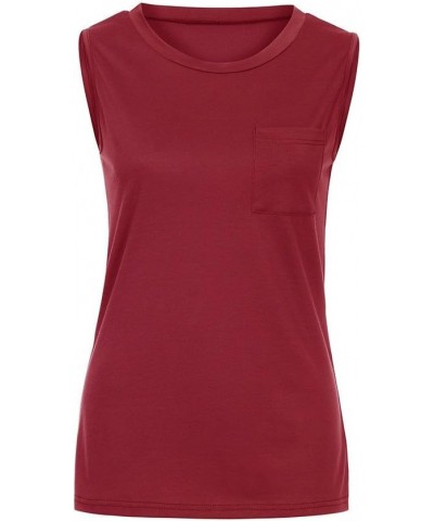 Women's High Neck Tank Sleeveless Blouse Plain T Shirts Pocket Cami Summer Tops Winered $5.29 Tanks