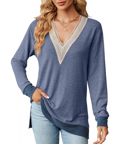 Women's Tops Casual Long Sleeve Shirts Fall Lace V Neck Dressy Loose Tunic Blouses Blue $15.33 Blouses