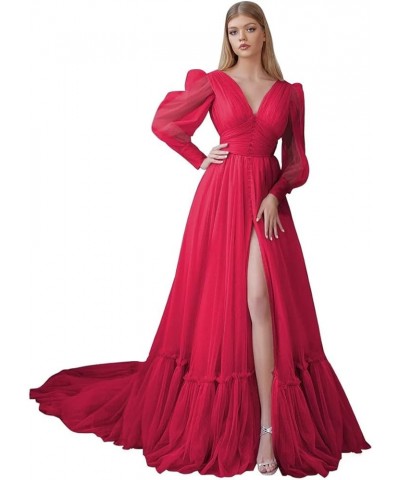 Puffy Sleeve Tulle Prom Dresses Long Ball Gown with Slit for Women 2024 V Neck Long Formal Evening Gowns Rose Red $50.04 Dresses