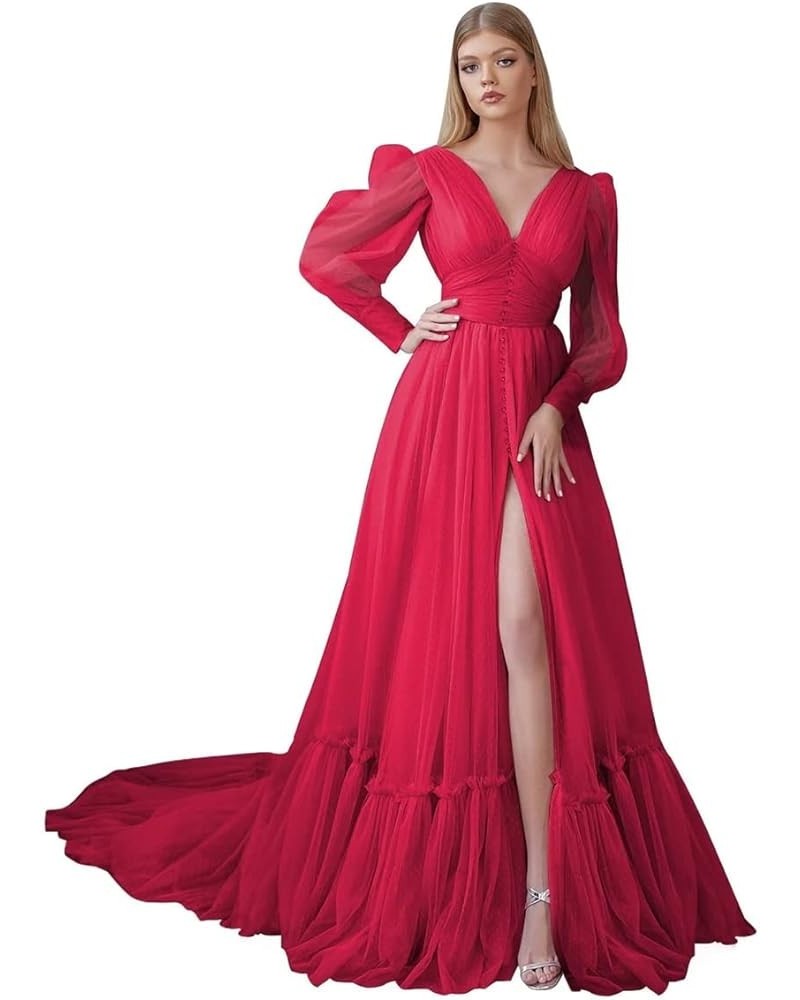 Puffy Sleeve Tulle Prom Dresses Long Ball Gown with Slit for Women 2024 V Neck Long Formal Evening Gowns Rose Red $50.04 Dresses