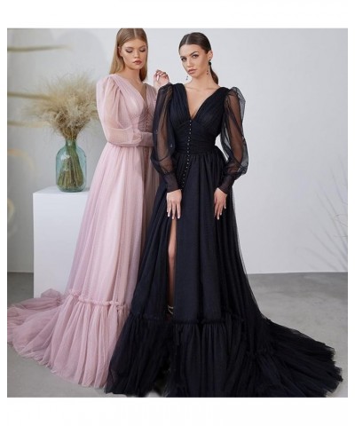 Puffy Sleeve Tulle Prom Dresses Long Ball Gown with Slit for Women 2024 V Neck Long Formal Evening Gowns Rose Red $50.04 Dresses