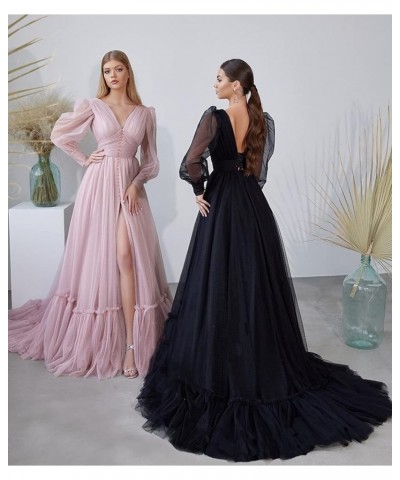 Puffy Sleeve Tulle Prom Dresses Long Ball Gown with Slit for Women 2024 V Neck Long Formal Evening Gowns Rose Red $50.04 Dresses