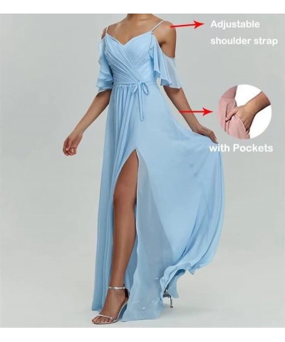 Cold Shoulder Bridesmaid Dresses Long V Neck Pleated Chiffon Prom Dress with Slit Flowy Ruffles Wedding Gown CO16 Silver Grey...