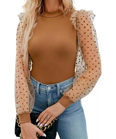 Women's Mock Turtle Neck Polka Dot Sheer Mesh Puff Long Sleeve Bodysuit Blouses Tops Shirts Brown $10.25 Bodysuits