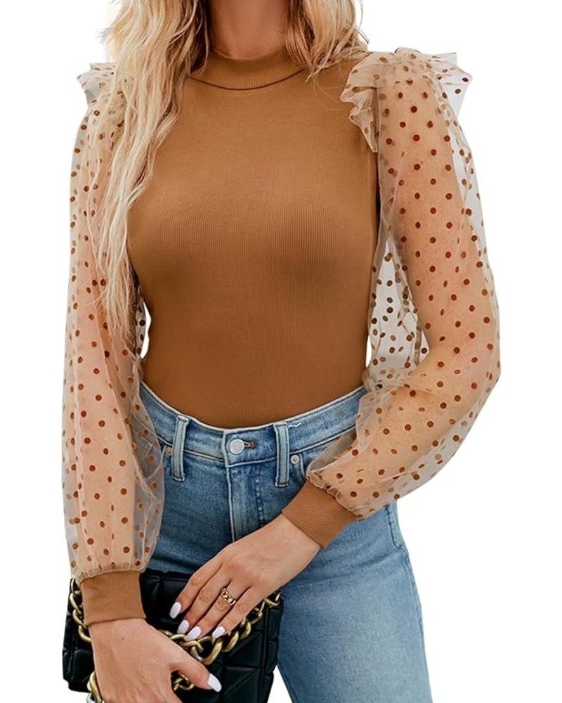 Women's Mock Turtle Neck Polka Dot Sheer Mesh Puff Long Sleeve Bodysuit Blouses Tops Shirts Brown $10.25 Bodysuits